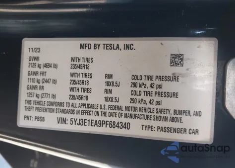 2023 Tesla Model 3 Rear-Wheel Drive из США, поврежденный, VIN 5YJ3E1EA9PF684340